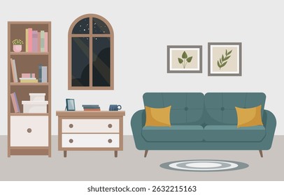 Ilustración vectorial plana de un acogedor interior de la sala de estar en un estilo moderno con un sofá verde, cómoda, ventana. Ideal para conceptos de diseño de interiores, decoración del hogar, contenido editorial o Sitio web.