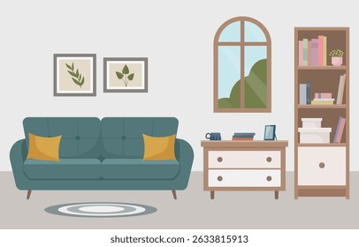 Ilustración vectorial plana de un acogedor interior de la sala de estar en un estilo moderno con un sofá verde, cómoda, ventana. Ideal para conceptos de diseño de interiores, decoración del hogar, contenido editorial o Sitio web.