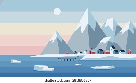Flat vector illustration of a cozy Nordic coastal village with small colorful houses and snowy mountains at sunset.