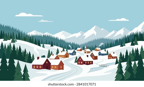 A flat vector illustration of a cozy winter village nestled in a valley surrounded by snow-covered pine forests and majestic mountains.