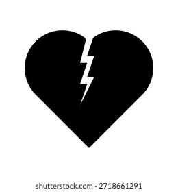 Ilustración vectorial plana del icono del corazón del amor agrietado que simboliza el desamor, la relación rota, el dolor emocional y el concepto de la tristeza. Estilo minimalista, aislado sobre fondo blanco.
