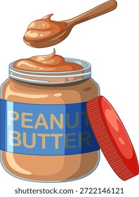 Uma ilustração vetorial plana de manteiga de amendoim cremosa em um frasco de vidro com uma colher