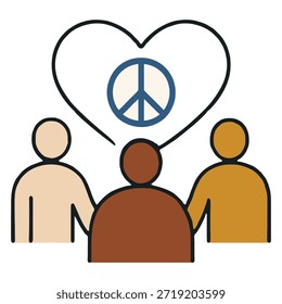 Ilustración vectorial plana creada para el día de Martin Luther King Jr., con gente diversa de pie junto con un símbolo de corazón y paz por encima de ellos. Representa la igualdad, la paz, los derechos civiles, la no violencia, la unidad y el legado duradero del Dr. Martin Luther King Jr. Ideal para materiales educativos, campañas de justicia social, diseños de conciencia, presentaciones, carteles y proyectos conmemorativos.