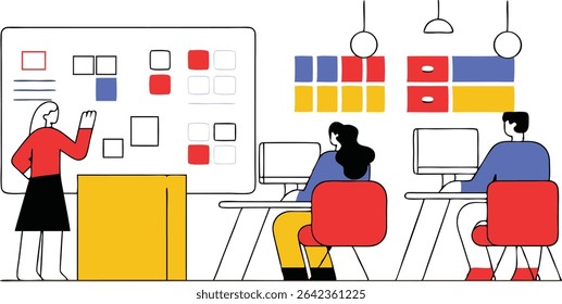 Flat vector illustration of a creative design studio with a team collaborating and planning projects. Perfect for teamwork, brainstorming, startups, and modern workplace themes.
