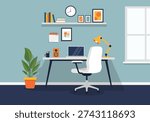 Flat vector illustration of a creative home workspace. Includes a desk with laptop and speaker, a wall clock, framed art, a plant, and a coffee mug, capturing a cozy and efficient professional atmosphere.