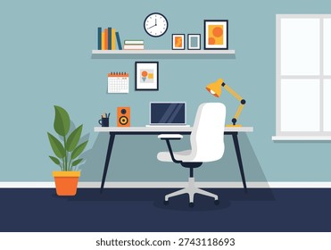 Flat vector illustration of a creative home workspace. Includes a desk with laptop and speaker, a wall clock, framed art, a plant, and a coffee mug, capturing a cozy and efficient professional atmosphere.
