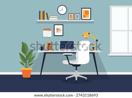 Flat vector illustration of a creative home workspace. Includes a desk with laptop and speaker, a wall clock, framed art, a plant, and a coffee mug, capturing a cozy and efficient professional atmosphere.