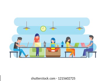 Flat Vector Illustration. Creative Office Co-working Center. Shared working environment. People talking and working at the computers in the open space office. 