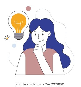 Flat vector illustration of creative thinking woman with light bulb – idea generation, innovation, brainstorming concept.
