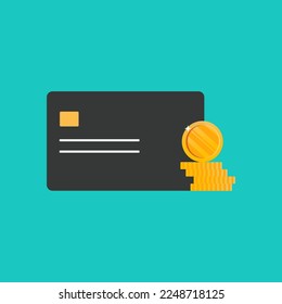 Flat vector illustration of credit card and golden coins. Cash back. Payment and saving concept.