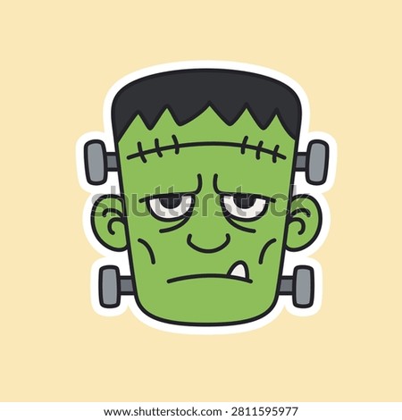 Flat vector illustration of a creepy green Frankenstein monster face with stitches and bolts, styled as a Halloween sticker.