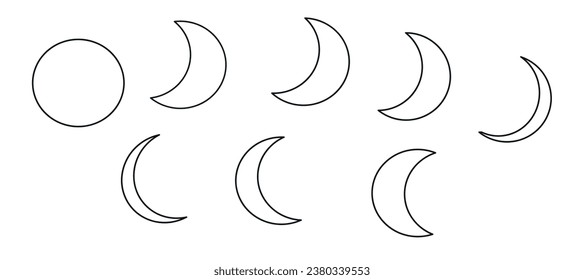  Flat vector illustration of a crescent moon. A set of moon icons in various phases. An element of the night sky. Contour.