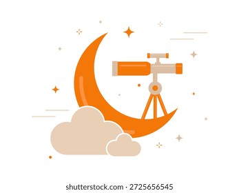 Ilustración vectorial plana de una luna creciente con un telescopio, nubes y estrellas, que representa una observación nocturna serena. Ideal para astronomía, ciencia, educación y conceptos de diseño de ensueño.