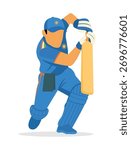 Flat vector illustration of a cricket player in blue uniform hitting a shot with a bat. Sports athlete action pose, competitive cricket match, Indian cricket concept