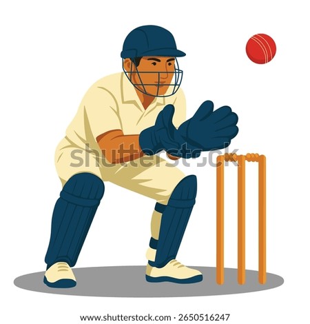 Flat vector illustration of a cricket wicketkeeper in protective gear, ready to catch the ball behind the stumps during a match, isolated on white background