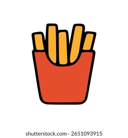 Flat Vector Illustration of Crispy French Fries in Red Paper Box on White Background