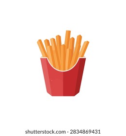 Flat vector illustration of crispy French fries in a red paper box isolated on white background