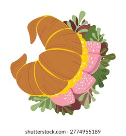 Flat vector illustration of a croissant sandwich filled with cheese, ham, and fresh greens. Delicious bakery-style breakfast or brunch meal isolated on light background.