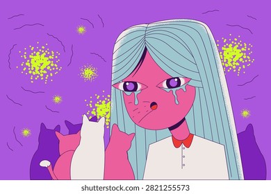 A flat vector illustration of a crying girl experiencing watery eyes and nasal irritation due to cat dander allergy.