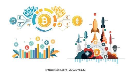 Ilustración vectorial plana de gráficos criptográficos y gráficos en el fondo. Ilustración vectorial