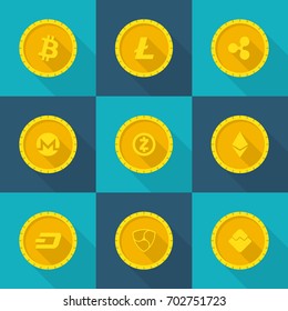 Flat Vector Illustration of Crypto Currency Gold Coins. Long Shadow Icons of  Bitcoin, Ethereum, Ripple, Litecoin, NEM, Dash,  Monero, Zcash,  Waves