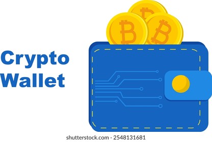 Uma ilustração vetorial plana de uma carteira criptomoeda, com moedas Bitcoin e Ethereum. Ideal para moeda digital e projetos relacionados a blockchain.