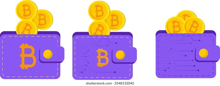 ilustração vetorial plana de uma carteira criptomoeda, apresentando moedas Bitcoin e Ethereum. Ideal para moeda digital e projetos relacionados a blockchain.