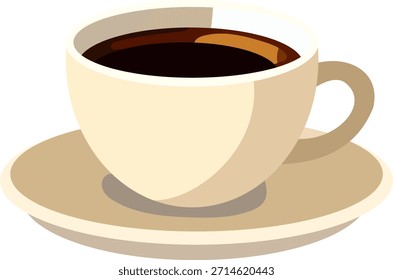 Ilustración vectorial plana de una taza de café negro en un platillo. Ideal para cafés, restaurantes, menús y diseños de bebidas.