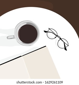 flat vector illustration of a cup of coffee with a book and glasses on the table