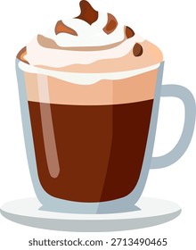 Flat vector illustration of a cup of hot chocolate topped with whipped cream. Ideal for winter drinks, café menu, Christmas, cozy lifestyle, and food illustrations.