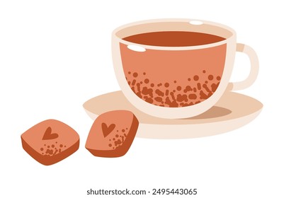 Flat vector illustration of a cup of tea with chocolate slices. Cozy and comforting a relaxing break with a warm beverage and a sweet treat.