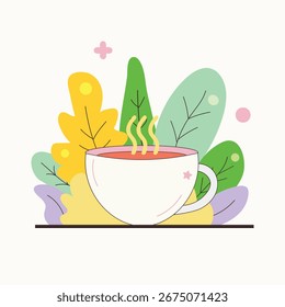 Una Ilustración vectorial plana de una taza de té y follaje de fondo 