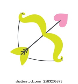 flat vector illustration of cupid bow with heart shaped arrow, wedding and valentine day concept