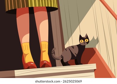 Flat vector illustration of a curious dark cat with yellow eyes looking up at human legs wearing a striped dress, orange socks, and red shoes indoors. Domestic scene with pet life.