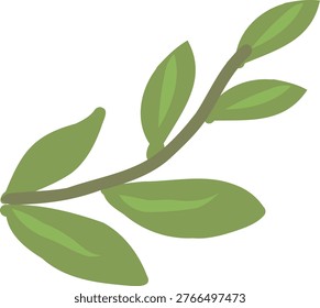 A flat vector illustration of a curved leafy branch with multiple green leaves in a minimal botanical style.