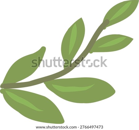 A flat vector illustration of a curved leafy branch with multiple green leaves in a minimal botanical style.