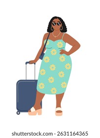 Flat vector illustration of a curvy woman in a summer dress with a suitcase. Travel and vacation concept featuring confident plus-size female traveler, isolated on white background.