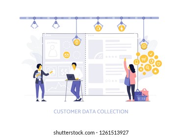 Flat Vector Illustration Of Customer Data Collection. Marketing Concept With Characters. Customer Preferences, Marketing Team, Customer Profile.