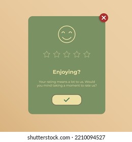 Flat vector illustration of a customer popup review or rating with minimal elements such as emoji, texts, submit button and a mini cancel icon.