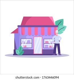 Flat vector illustration of customer who buys a cake for a birthday at a roadside cake shop or landing page, ui, mobile app and website