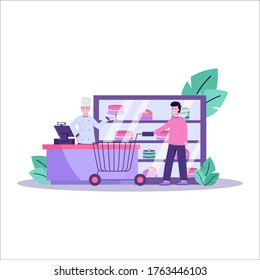 Flat vector illustration of customer who buys a cake for a birthday at a roadside cake shop or landing page, ui, mobile app and website