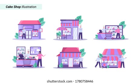 Ilustración vectorial plana del cliente que compra una tarta por un cumpleaños en una tienda de pasteles o página de aterrizaje, ui, aplicación móvil y sitio web
