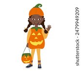 Flat Vector Illustration of Cute African American Kid Girl Wearing a Pumpkin Halloween Costume, Cartoon Character Set For Animation, Various Views, Poses and Gestures. Item 1