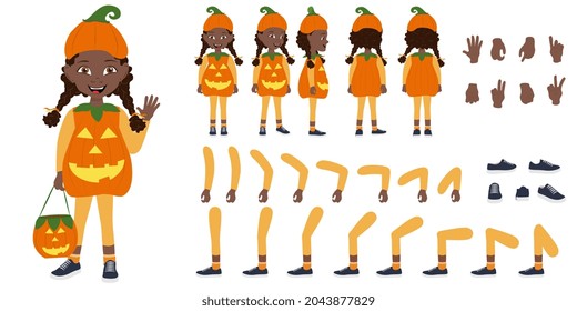 Flat Vector Illustration of Cute African American Kid Girl Wearing a Pumpkin Halloween Costume, Cartoon Character Set For Animation, Various Views, Poses and Gestures