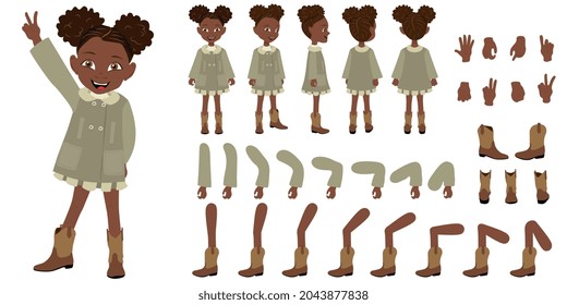 Flat Vector Illustration of Cute African American Kid Girl Wearing a Coat and Boots, Cartoon Character Set For Animation, Various Views, Poses and Gestures