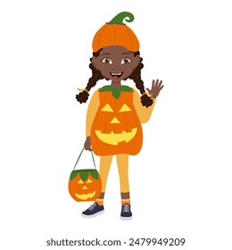 Flat Vector Illustration of Cute African American Kid Girl Wearing a Pumpkin Halloween Costume, Cartoon Character Set For Animation, Various Views, Poses and Gestures. Item 1