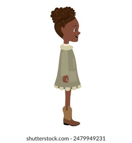 Flat Vector Illustration of Cute African American Kid Girl Wearing a Coat and Boots, Cartoon Character Set For Animation, Various Views, Poses and Gestures. Item 1