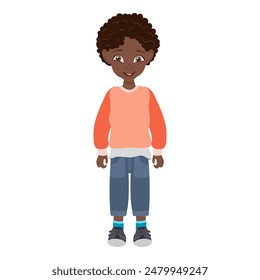 Flat Vector Illustration of Cute African American Kid Boy with Skateboard, Cartoon Character Set For Animation, Various Views, Poses and Gestures. Item 1