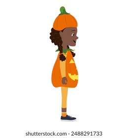 Flat Vector Illustration of Cute African American Kid Girl Wearing a Pumpkin Halloween Costume, Cartoon Character Set For Animation, Various Views, Poses and Gestures. Item 4