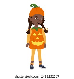 Flat Vector Illustration of Cute African American Kid Girl Wearing a Pumpkin Halloween Costume, Cartoon Character Set For Animation, Various Views, Poses and Gestures. Item 5